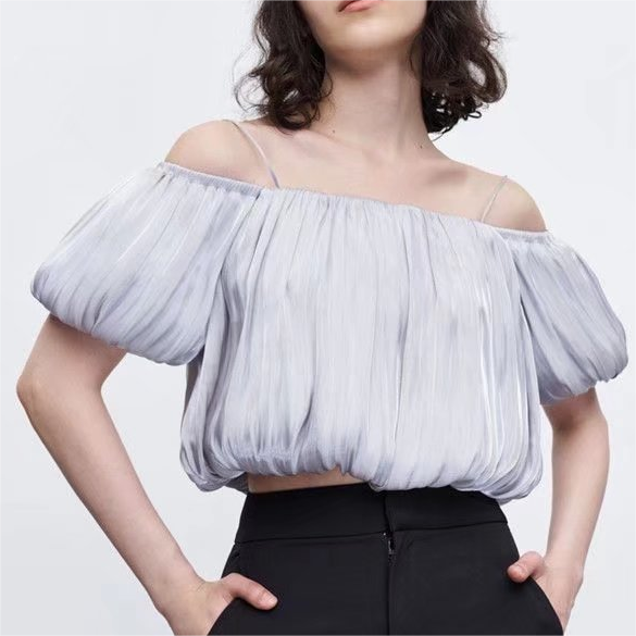 Summer Women  Pleated Refined Stylish Solid Color off the Shoulder Camisole Top