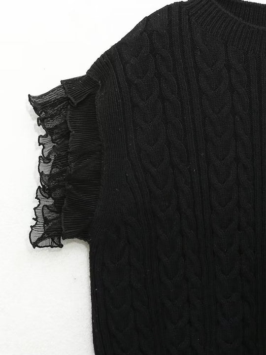 Autumn Women Clothing Black Laminated Decoration Eight Strand Knitted Vest