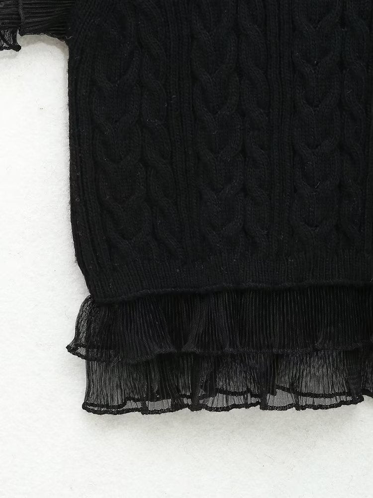 Autumn Women Clothing Black Laminated Decoration Eight Strand Knitted Vest