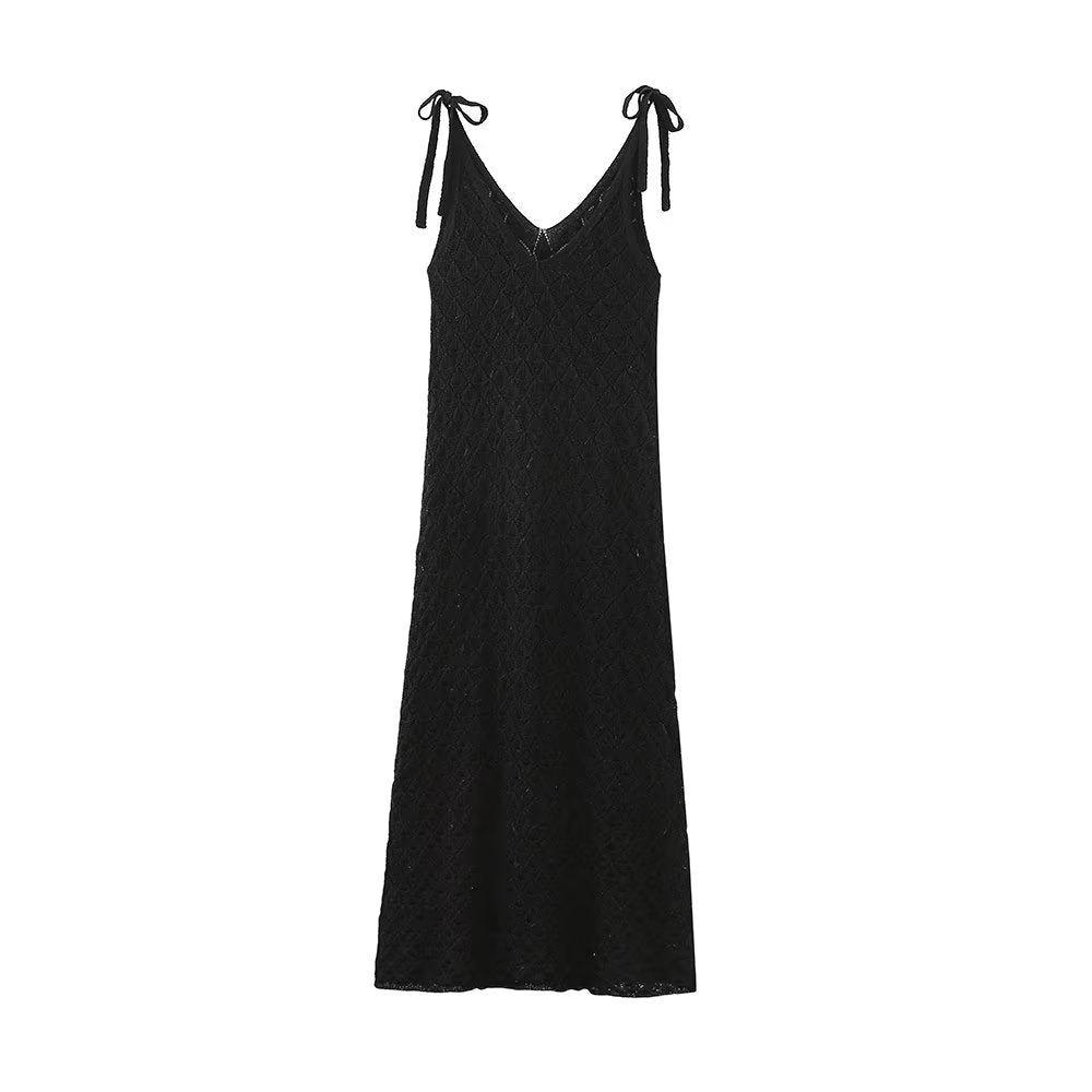 Spring Women  Clothing V neck Mid Length Hollow Out Cutout Knitted Tie Strap Dress for Women