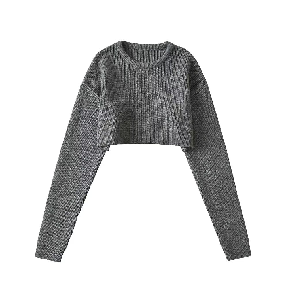 Pure College Lazy Cropped Outfit Sneaky Design Pullover round Neck Soft Glutinous Knitted Sweater Sexy Short Top