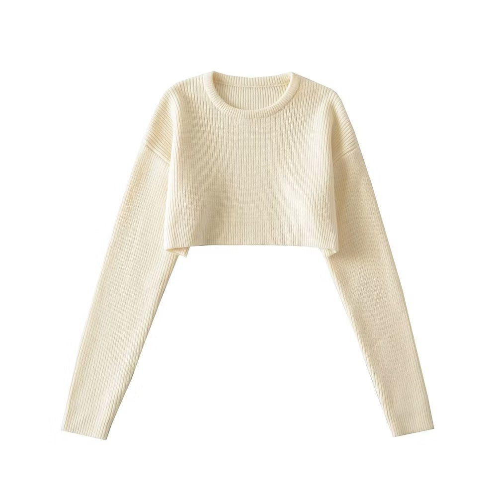 Pure College Lazy Cropped Outfit Sneaky Design Pullover round Neck Soft Glutinous Knitted Sweater Sexy Short Top