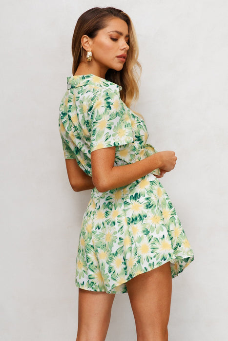 Women Summer Vacation Floral Short Sleeve Tie Rompers