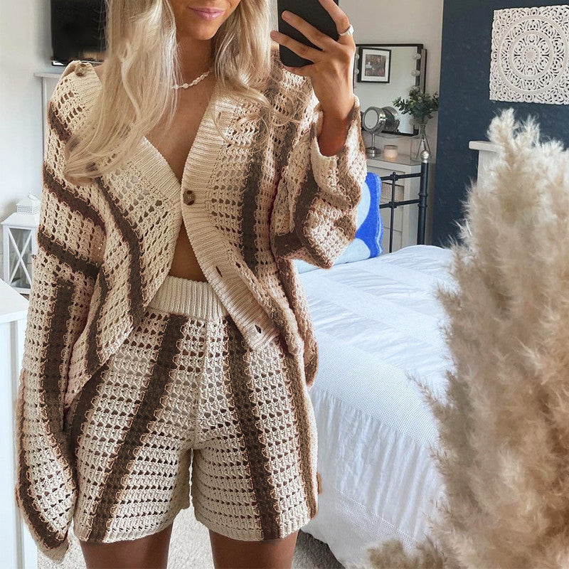 Autumn  Sweet Casual Striped Hollow Out Cutout Two Piece Knitted Cardigan Women Coat