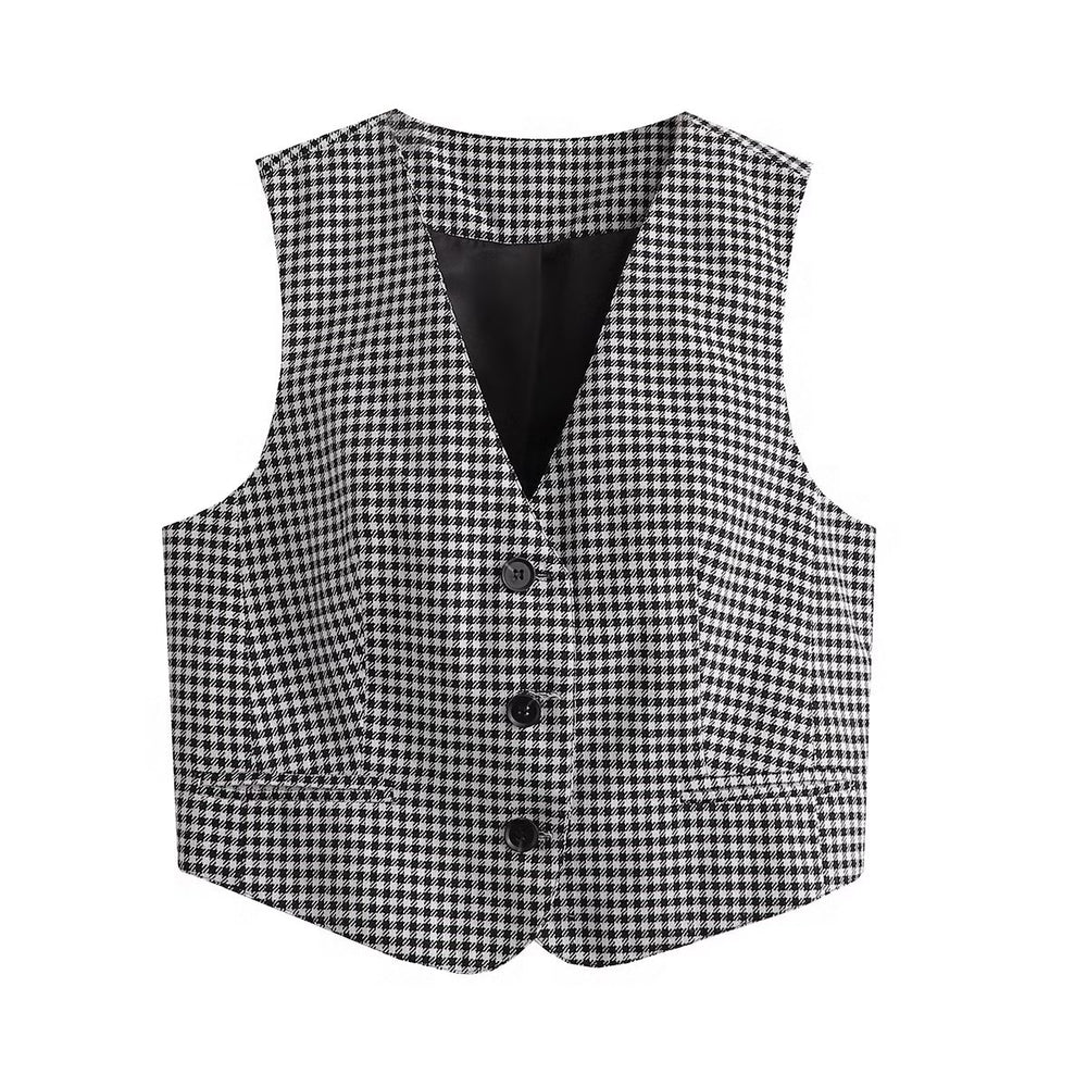Autumn Winter Black White Lattice Pattern Sleeveless Coat Women Office Casual Button Vest