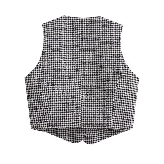 Autumn Winter Black White Lattice Pattern Sleeveless Coat Women Office Casual Button Vest