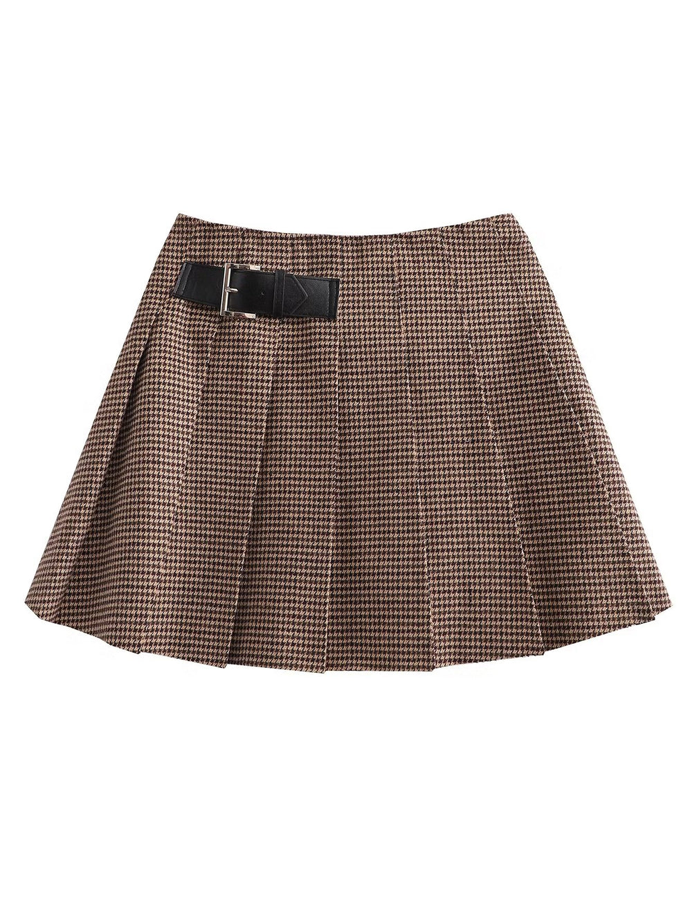 F00168830 Coffee Plaid Pleated Skirt Early Autumn Plaid Skirt