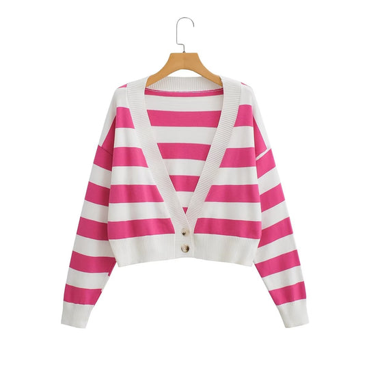 Personalized Striped Gradient Color Single Breasted Cardigan Top Women Loose Slimming Fashionable All Match Sweater