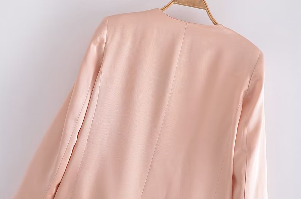 Autumn Simple V neck Long Sleeve Double Breasted Loose Silk Satin Textured Coat Women