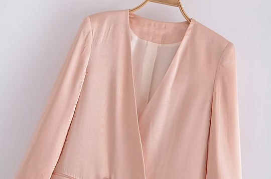 Autumn Simple V neck Long Sleeve Double Breasted Loose Silk Satin Textured Coat Women