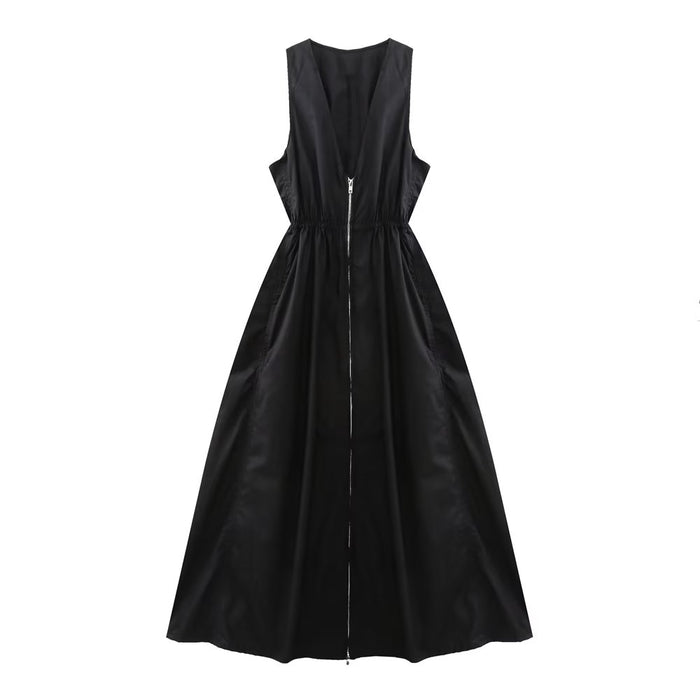 Spring Summer French Hepburn Black Dress Waist Slimming Maxi Dress Sexy V neck Sleeveless Dress
