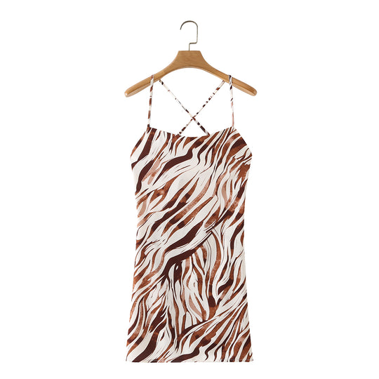 Women Vintage Zebra Pattern Printing Slip Dress Elegant Slim Fit All Match