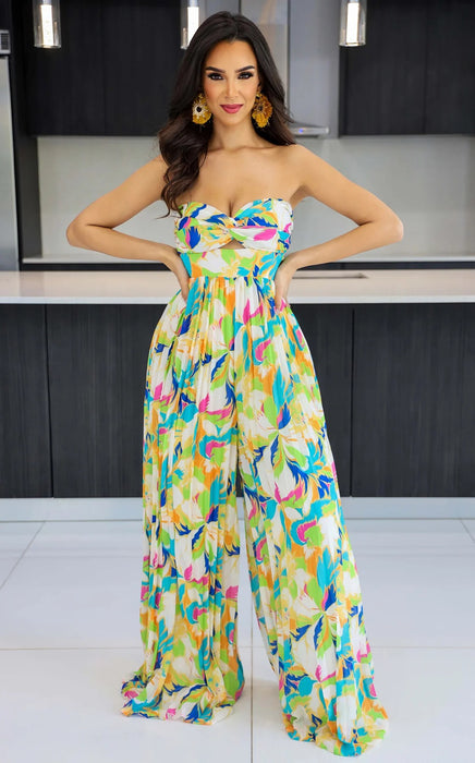 Sleeveless Chest Wrapped Printed Trousers Summer High Waist Pleated Jumpsuit