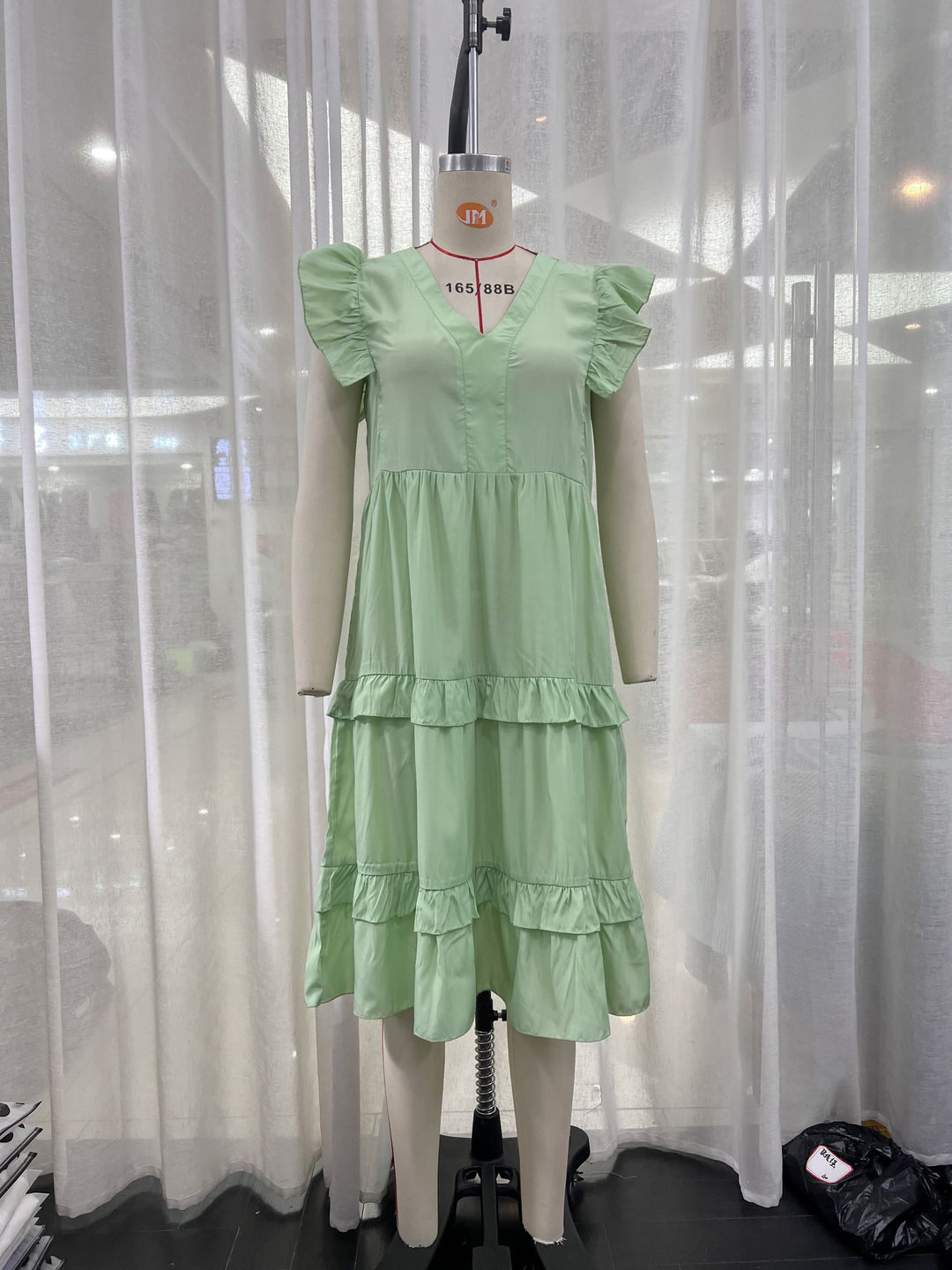 Women Casual Ruffled Stitching Solid Green Midi Dress