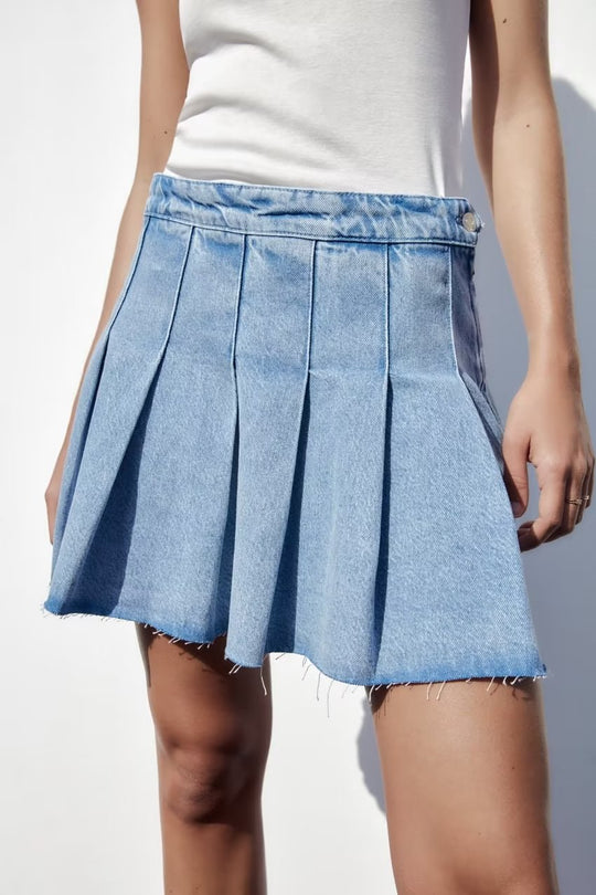 Spring Women Street Wide Pleated Denim Mini Skirt