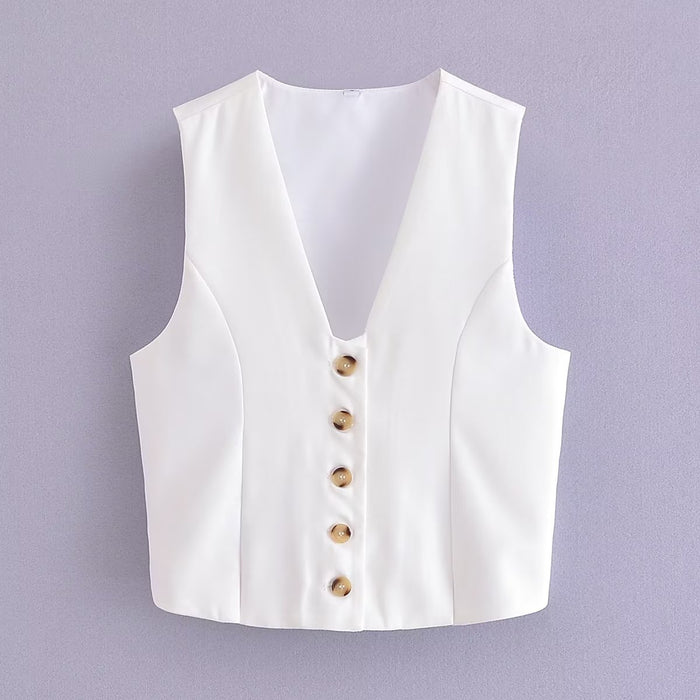 Early Autumn Women Clothing V neck Sleeveless Button Cardigan Solid Color Short Vest Women