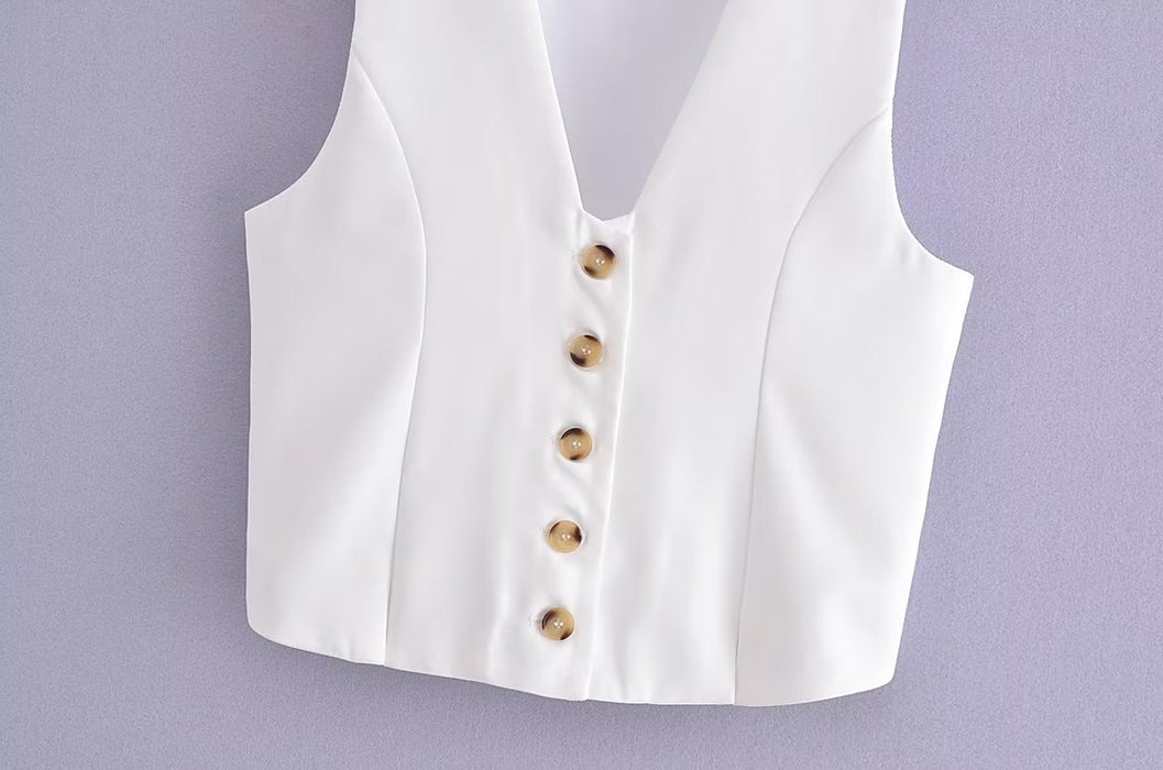 Early Autumn Women Clothing V neck Sleeveless Button Cardigan Solid Color Short Vest Women