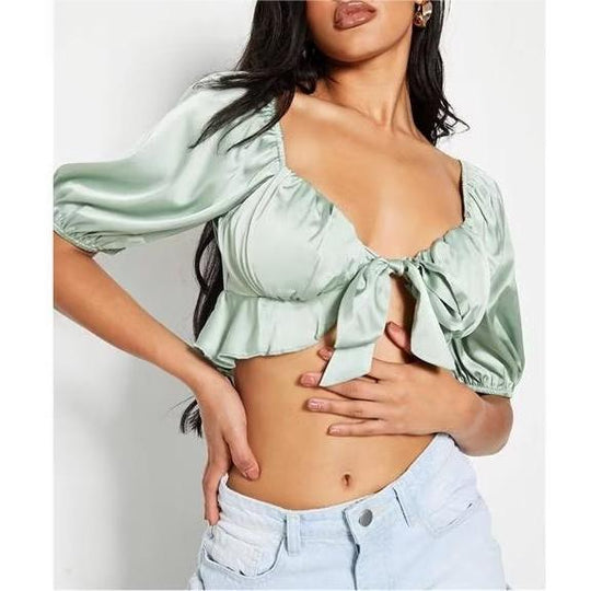 Sexy Women Clothing Ultra Short Lace Up Slim Fit Puff Sleeve Women Shirt Top