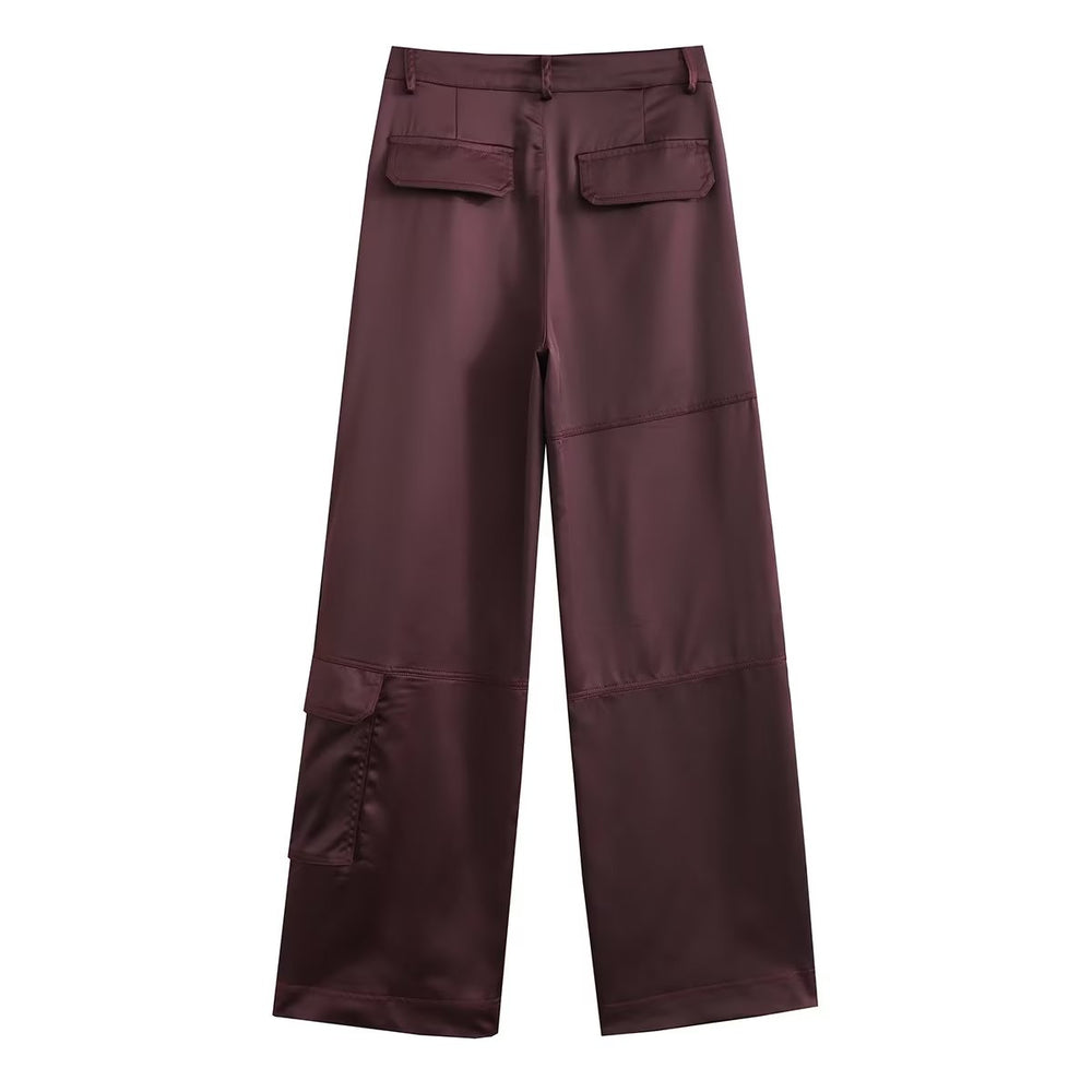 Women Silk Satin Textured Pocket Overalls High Waist Straight Pants
