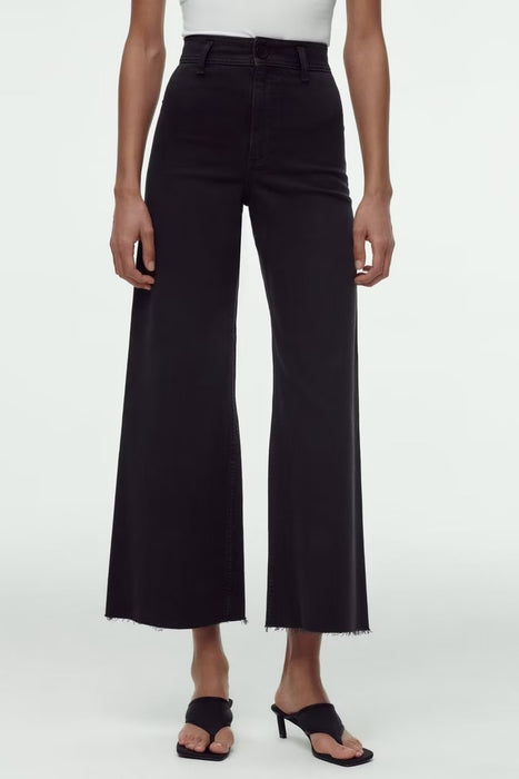Spring Wide Leg Pants Rough Selvedge in Black Slim Fit High Waist Straight Jeans for Women