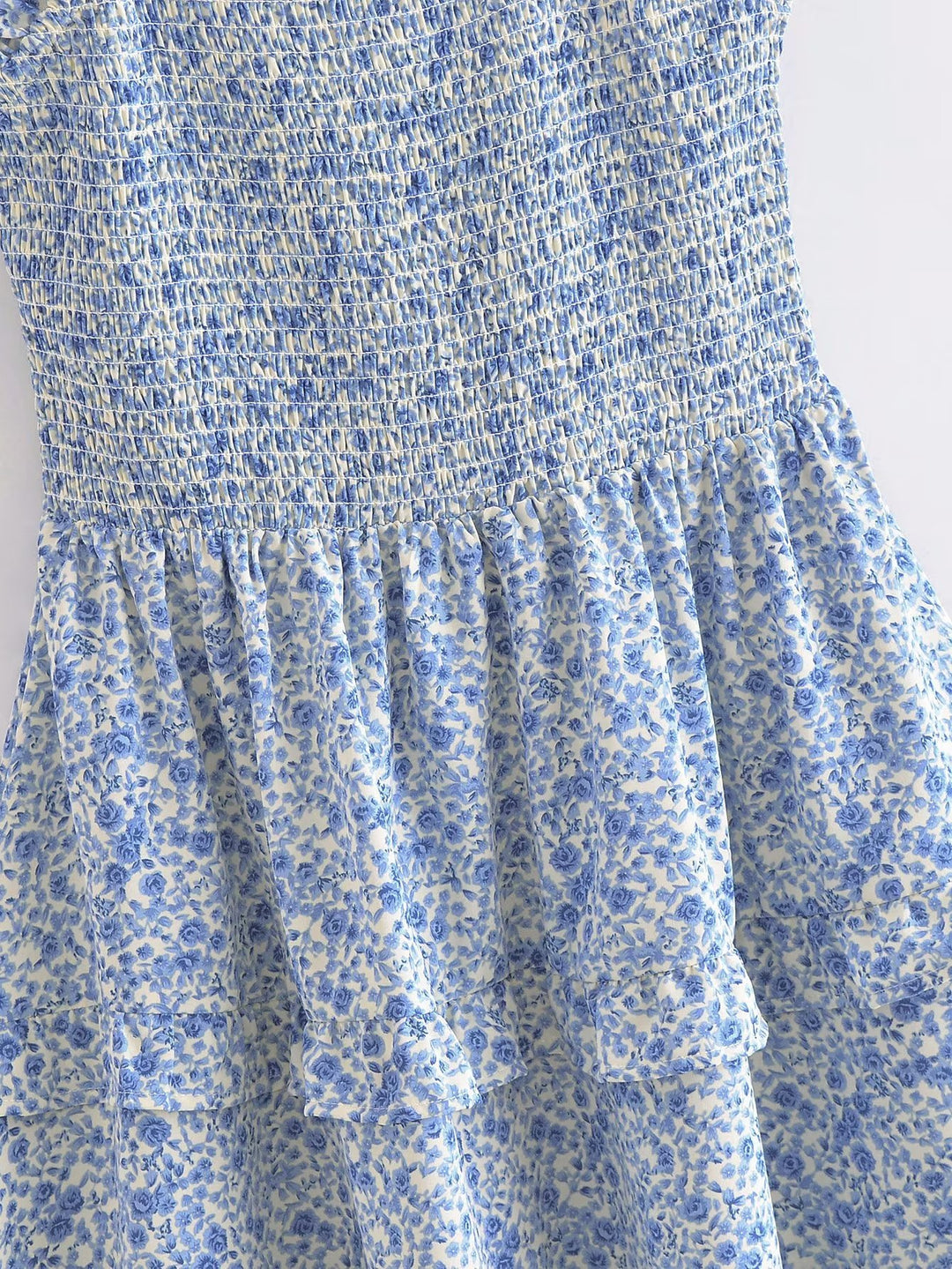 Women Blue Layered Bow Lace Printed Dress Short Dress Vest Dress