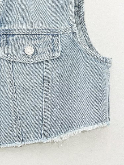 Solid Color Denim Stitching Vest Button Decoration Top Spring Sleeveless Small Pocket Coat