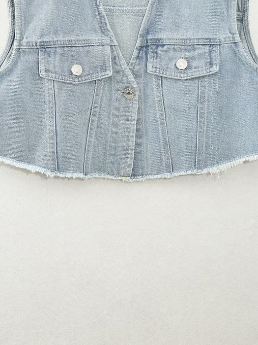 Solid Color Denim Stitching Vest Button Decoration Top Spring Sleeveless Small Pocket Coat