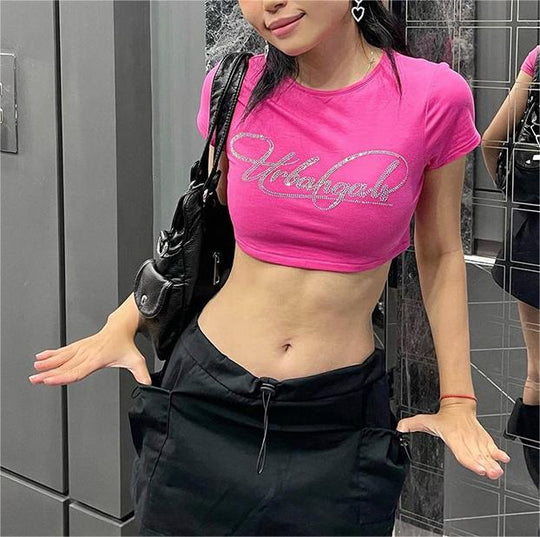 Round Neck Rhinestone Letter Graphic Sexy Short Top Niche Summer Casual All Match T shirt for Women