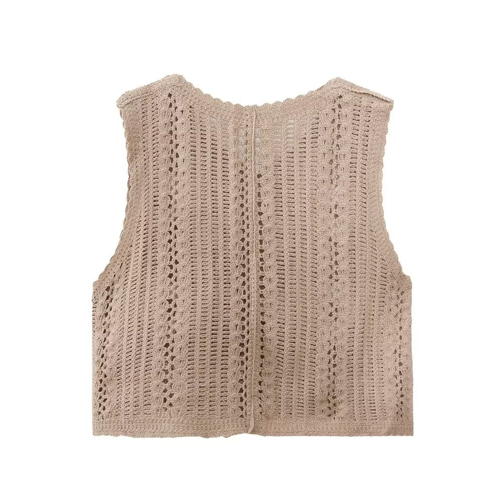 Autumn Winter Hollow Out Cutout Floral Jacquard Single Breasted Vest Women Crocheted Waistcoat Vest