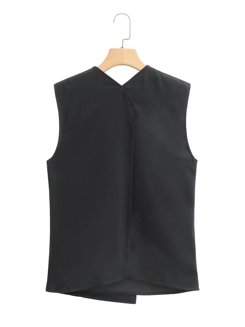 Bow Double Placket Tied V-neck Sleeveless Vest Women Summer Sexy Black Casual Vest