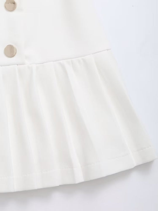 Spring Women Clothing High Waist Button Decoration Pleated Mini Skirt Women