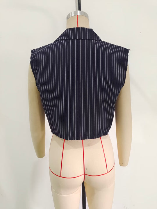 Women Short Tops Vintage Striped Lasel Vest
