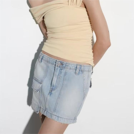 Women Clothing French Pocket Decoration Sexy Overalls Denim Skirt