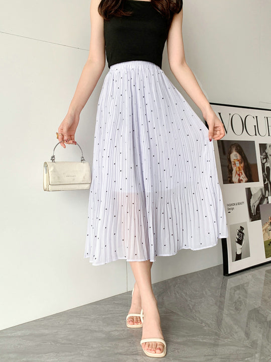 Fresh Small Polka Dot Chiffon Pleated Skirt Women Spring Summer Polka Dot Pleated High Waist A Line Midi Skirt
