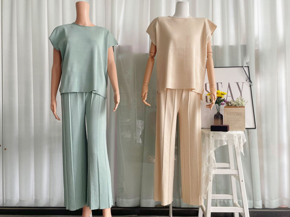 Casual Suit Women Summer Solid Color Sleeveless Vest Sweater Wide Leg Pants Ice Silk Suit