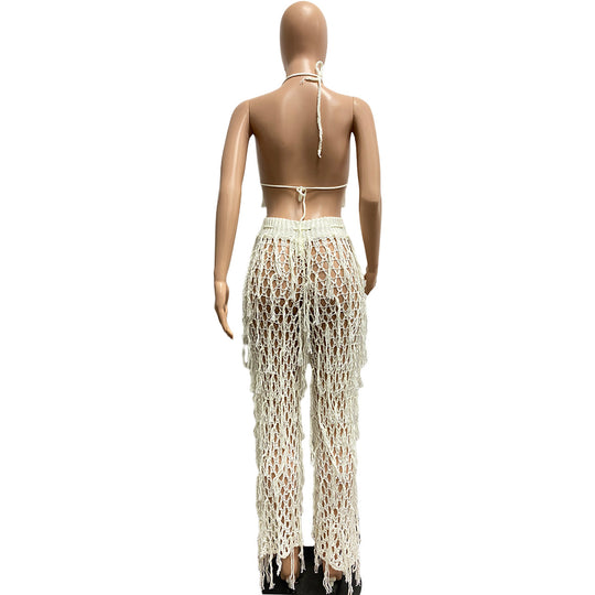 Sexy See through Knitted Hand Crochet Tassel Beach Suit