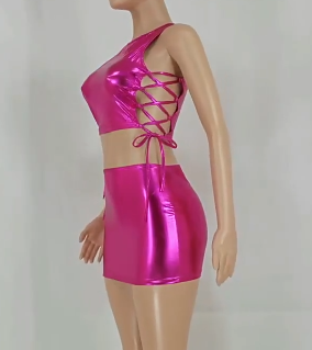 Women Clothing Sexy Waist Cutout Top Hip Skirt Bright Color Two Piece Set Crisscross