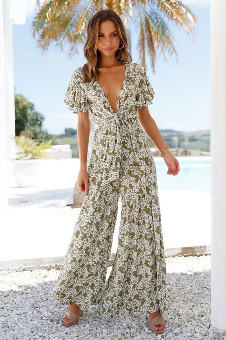 Spring Summer Two Color Chest Lace Up Printed Jumpsuit V Neck Cropped Outfit Wide Leg Trousers