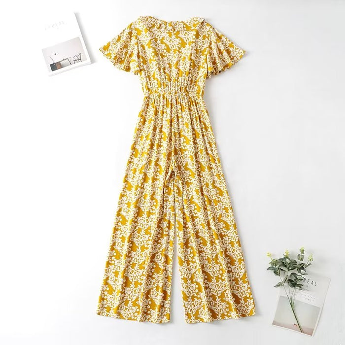 Spring Summer Two Color Chest Lace Up Printed Jumpsuit V Neck Cropped Outfit Wide Leg Trousers