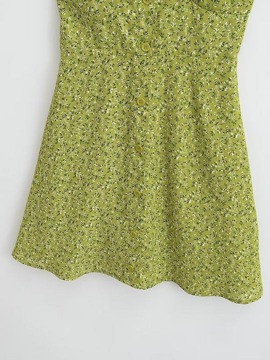 Summer French Vacation Green Single Breasted Square Collar Dress Wide Brimmed Cami Dress