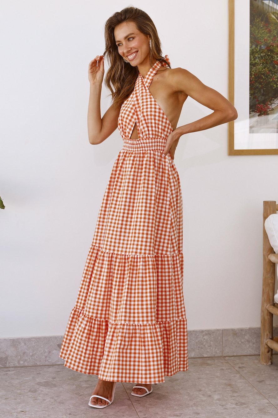 Women Summer Elegant Check Daily Criss Cross Tie Backless Sleeveless A Line Maxi Dress