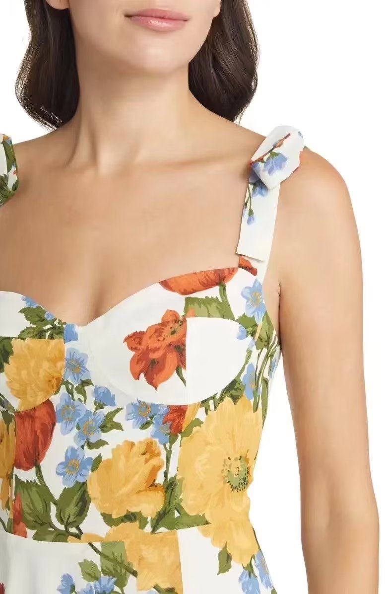 Printed Dress European French Puff Sleeve Side Slit Midi Dress