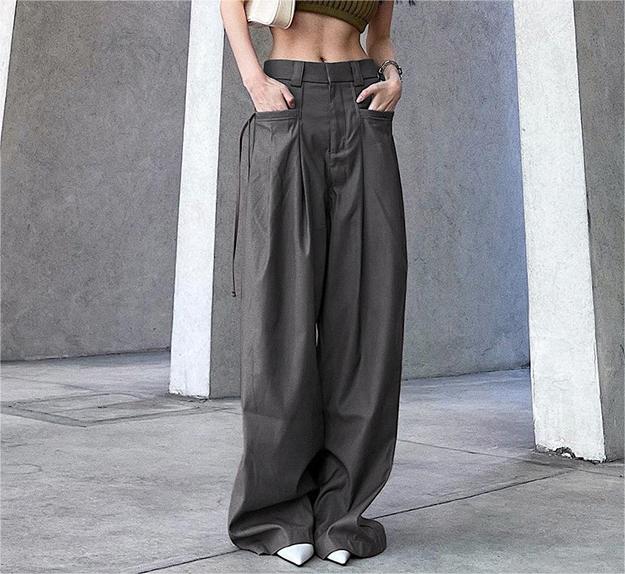 Distressed Gray Woven Straight Leg Pants Women  Sexy High Waist Loose Slim Fit Draping Ribbon Trousers