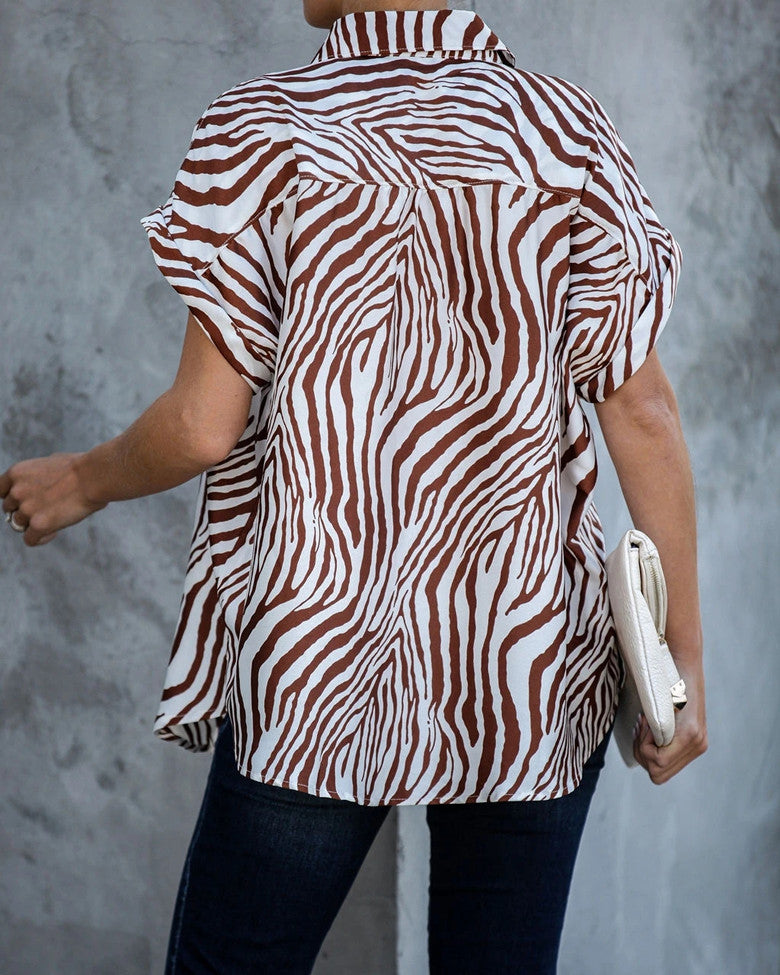 Women Summer Short Sleeved Loose Zebra Print Shirt