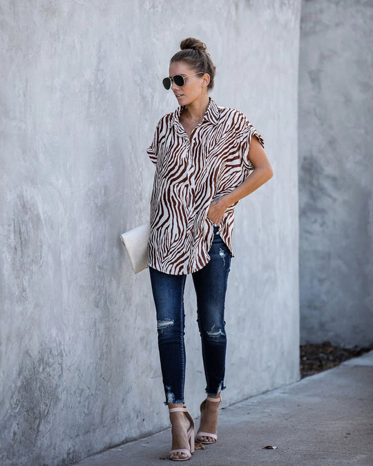 Women Summer Short Sleeved Loose Zebra Print Shirt