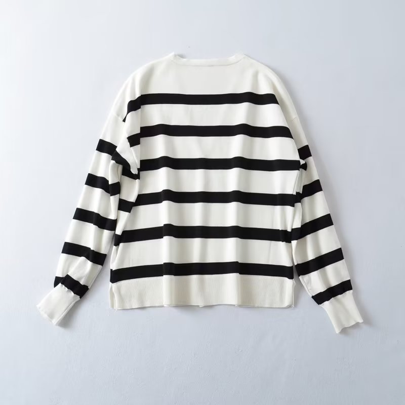 Autumn Loose Lapels Polo Shirt Casual Top Vintage Stripe Knitwear Sweater Cardigans