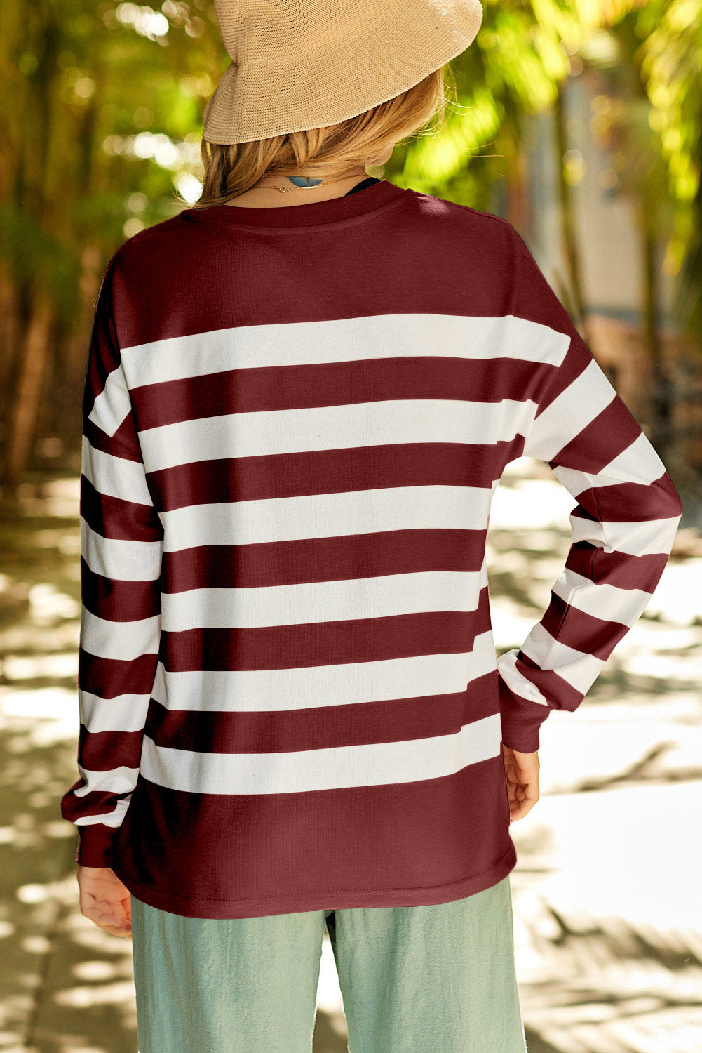 Striped Drop Shoulder Side Slit Sweatshirt