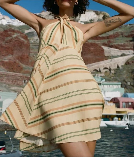 Summer Women Clothes Striped Linen Blended Short Dress