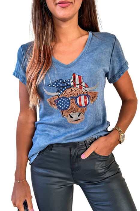 Sky Blue American Flag Cow Head Print V Neck Graphic T Shirt