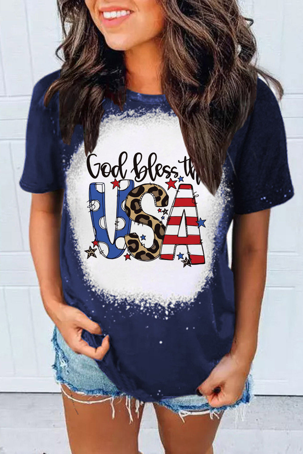 Blue God Bless the USA Print Bleach Short Sleeve T-Shirt